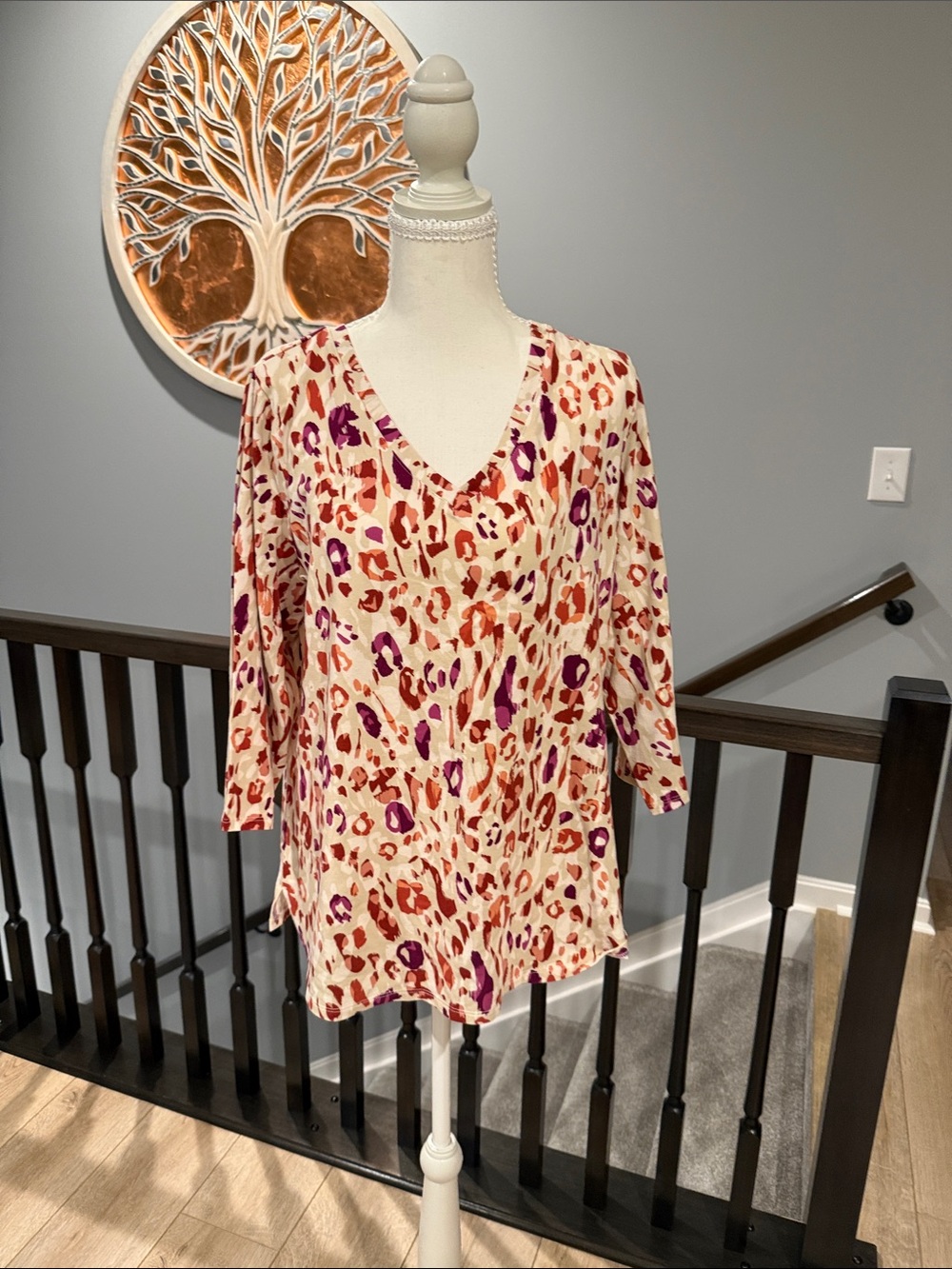 V-Neck 3/4 SleeveWomen's Top - Cream with Rust & Purple Animal Print